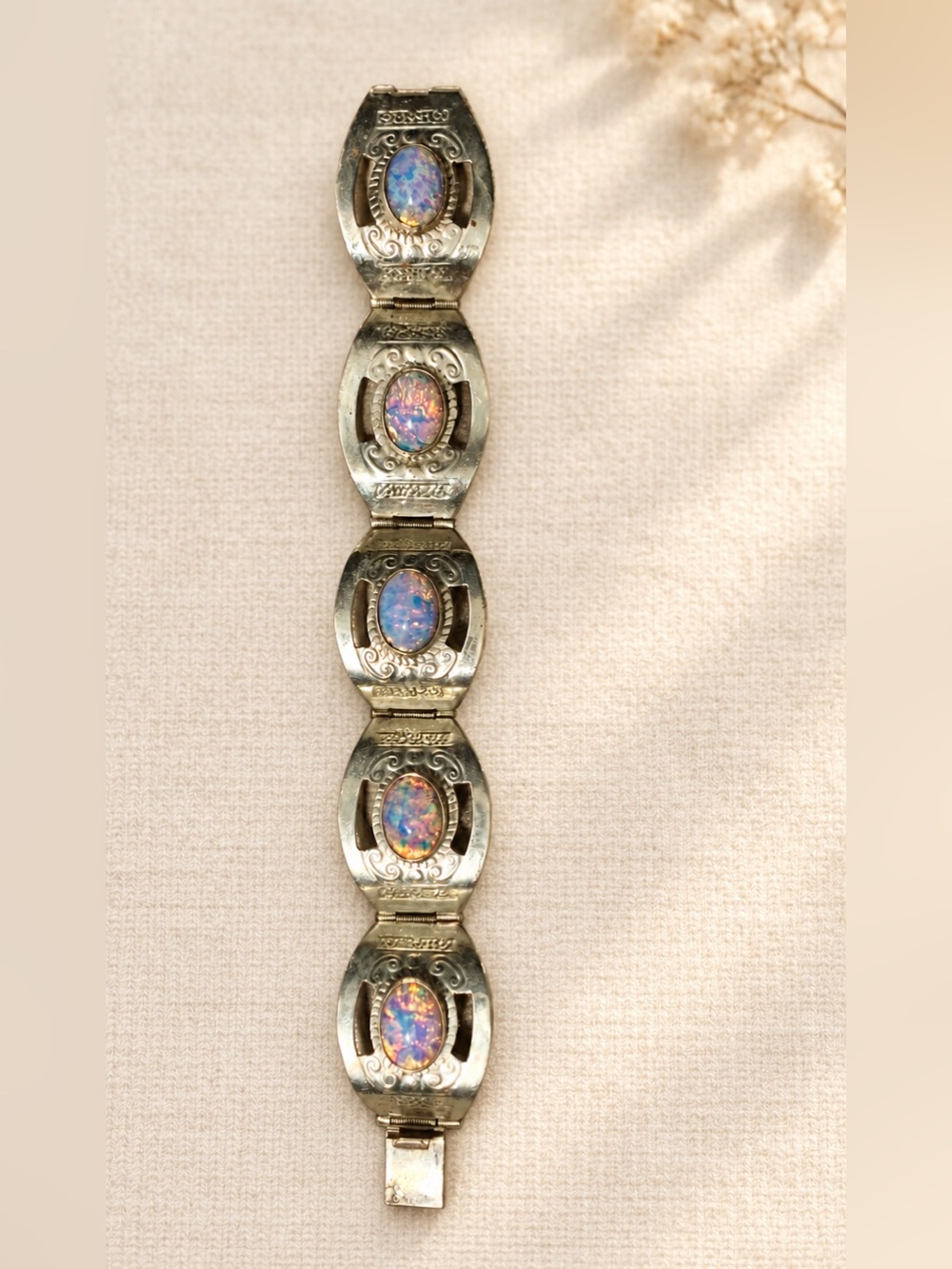 🔍Vintage Mexican (5)-Panel Sterling Silver Bracelet with Opal-Like Stones